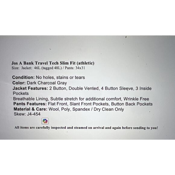 Jos A Bank Travel Tech 46L 34x31 Slim Fit Gray 2 Piece Suit Stretch Wrinkle Free - Picture 2 of 16